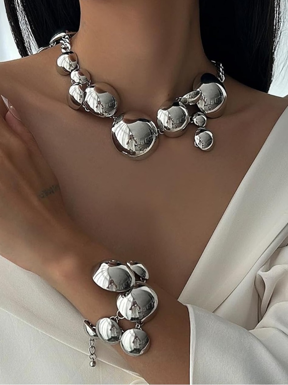 Anthropologie Shiny Silver  color Bubble Necklace and Bracelet Set